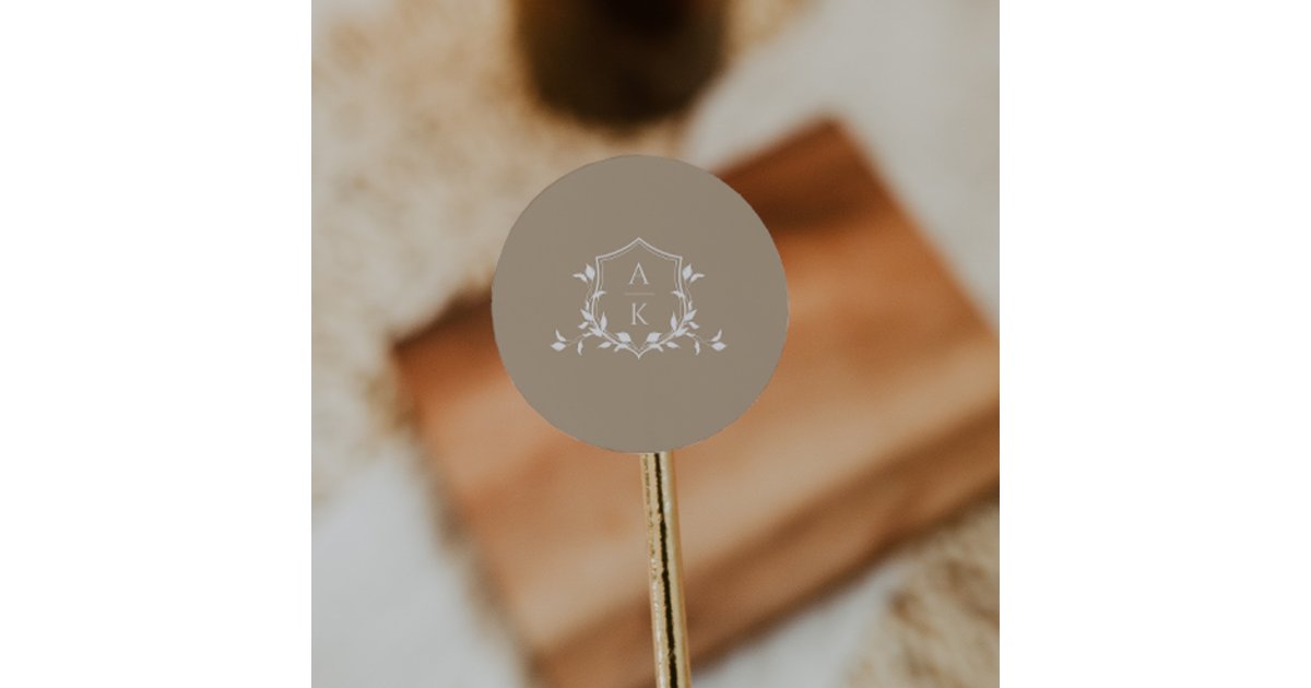 Timeless Vines Monogram Crest Dusty Beige Classic Round Sticker | Zazzle