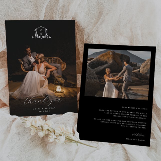 Timeless Vines Monogram Crest Wedding Photo Thank You Card (Creator Uploaded)