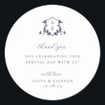 Timeless Vines Navy Crest Wedding Monogram Classic Round Sticker<br><div class="desc">Elegant botanical adorned vintage style,  navy blue monogram wedding crest thank you favor sticker.</div>