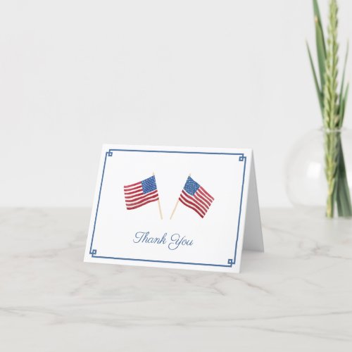 Timeless Watercolor American Flag Personalized Thank You Card - This design is shown as a "thank you" card but would also work well as personalized stationery with a name instead. It features This design features a tiled pattern made from a USA flag fluttering in the breeze. Originally handpainted by me in watercolors before being scanned into digital form. This is surrounded by a classic "Greek Key" border and matching pattern backer. The ginger jar and USA flag elements were originally handpainted by me in watercolors before being scanned into digital form. You can change the contrast color of the Greek Key border on the front (shown here as a dark blue) to any color you like by entering the design tool (underneath the text customization area, click to "customize further") then changing the background color on the front.