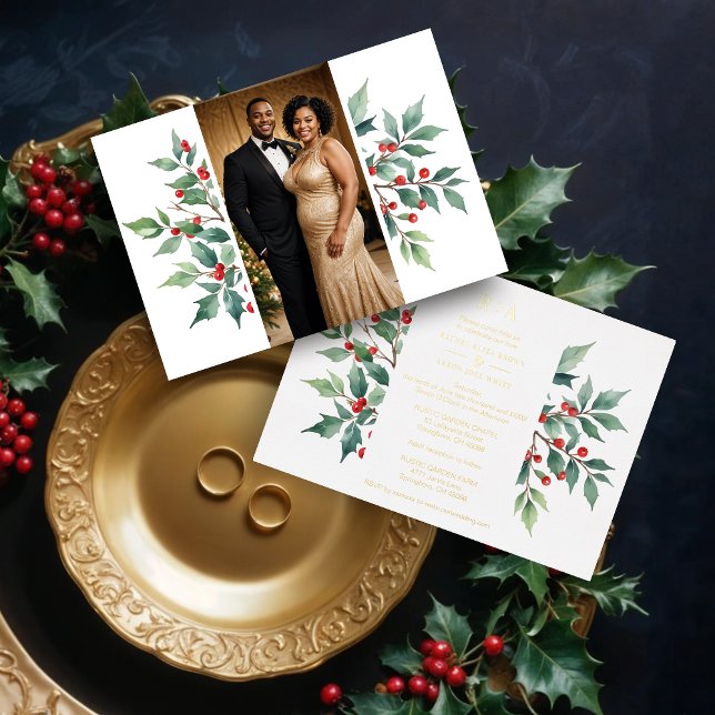 Timeless Watercolor Christmas Holly Branches Foil Invitation (Timeless Watercolor Effect Christmas Holly Branches Photo Golden Metallic Foil Wedding Invitations.)