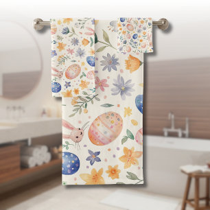 Timeless Watercolor Pastel Bunny Flowers Eggs Bath Towel Set