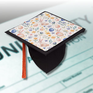 Timeless Watercolor Pastel Bunny Flowers Eggs Graduation Cap Topper