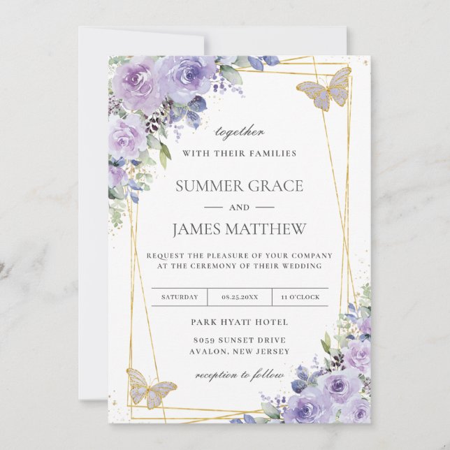 Timeless Wedding Purple Lilac Floral Butterflies Invitation (Front)