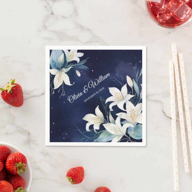 Timeless White Lilies on a Rich Navy Background Napkins (Insitu)