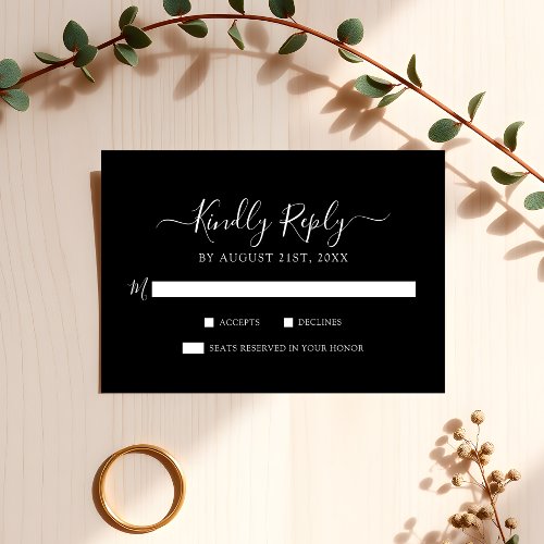 Timeless White Script on Black Minimalist Wedding RSVP Card