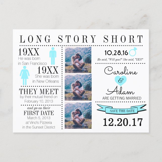 Timeline in light blue Save the Date Post Card (Front)