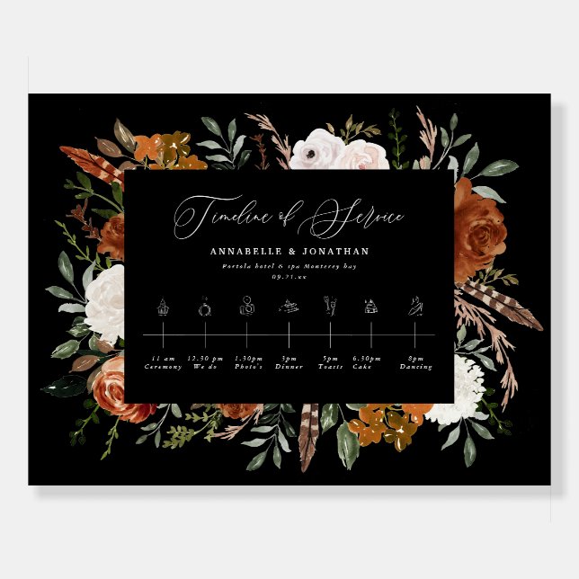 Timeline of service black modern floral wedding foam board (Front)