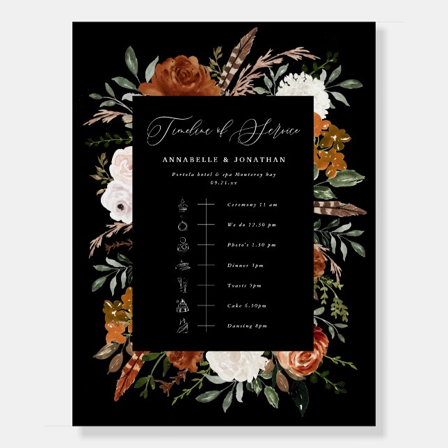 Timeline of service modern rustic black wedding foam board (Front)