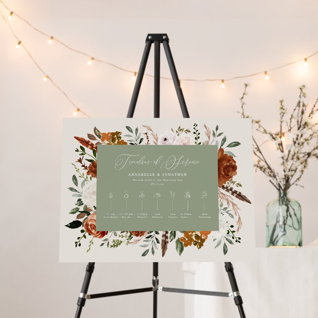 Timeline service sage green cream floral wedding foam board (In Situ (Stand))