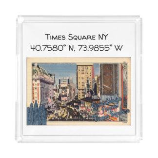 Times Square NY Map Coordinates Vintage Style Acrylic Tray