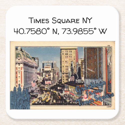 Times Square NY Map Coordinates Vintage Style Square Paper Coaster