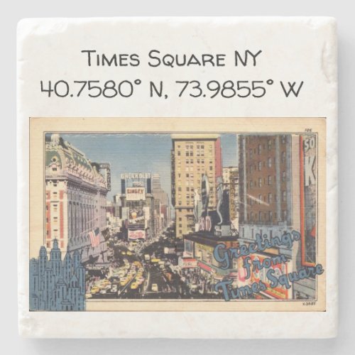 Times Square NY Map Coordinates Vintage Style Stone Coaster