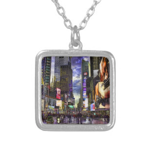 Times Square Photo in HDR Silver Plated Necklace