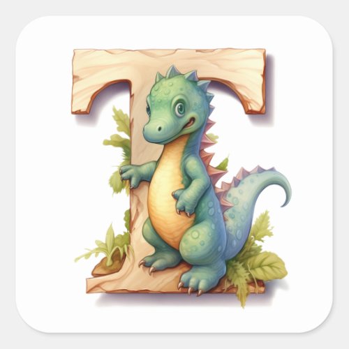 Timid Dinosaur and the Letter T Square Sticker