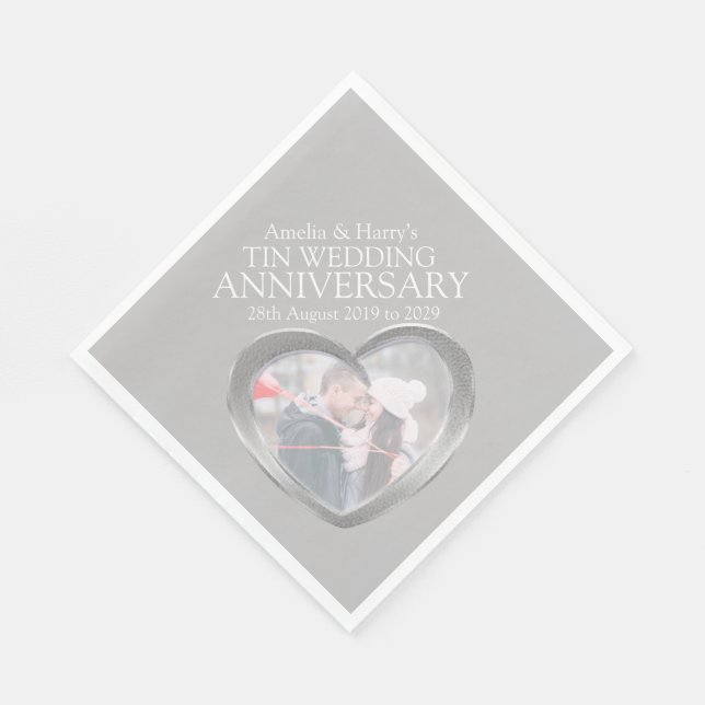 Tin 10th anniversary heart photo names napkins (Corner)