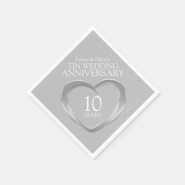 Tin 10th Wedding Anniversary heart names napkins (Corner)
