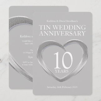 Tin 10th wedding anniversary heart party invites