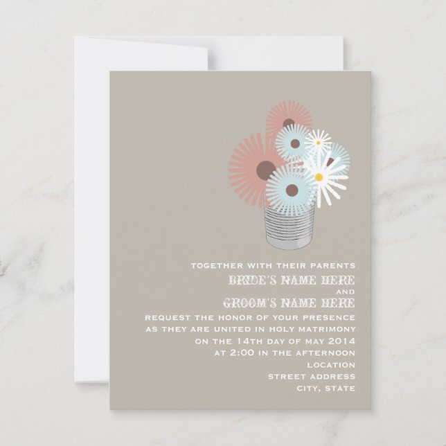 Tin Can Of Peach & Blue Flowers Wedding Invitation (Front)