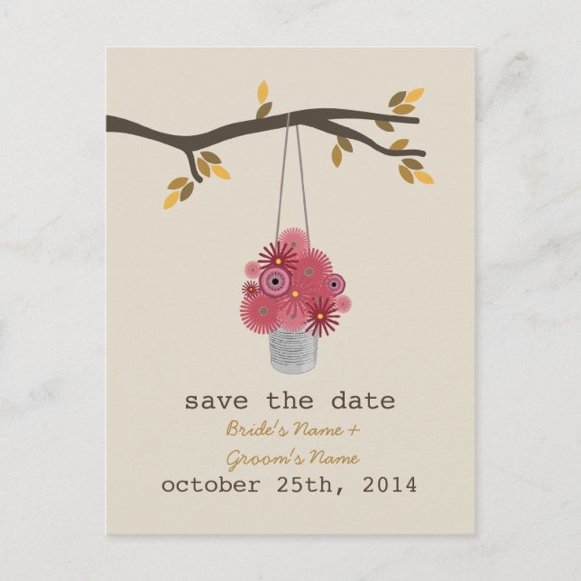 Tin Can Of Red Flowers Fall Wedding Save The Date Announcement Postcard (Front)