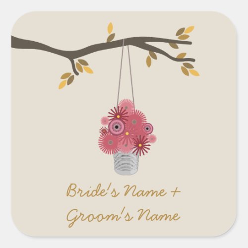Tin Can Of Red Flowers Fall Wedding Square Sticker