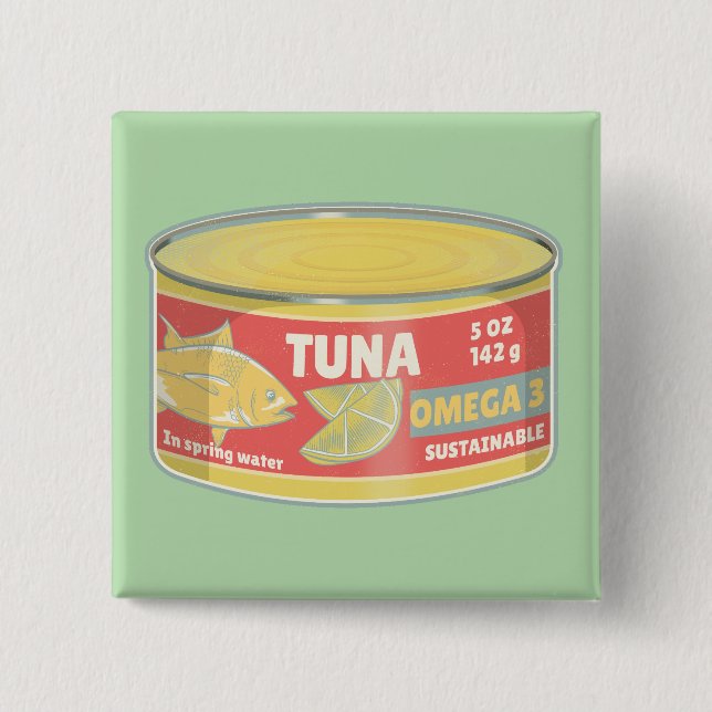 Tin of tuna canned fish retro button (Front)