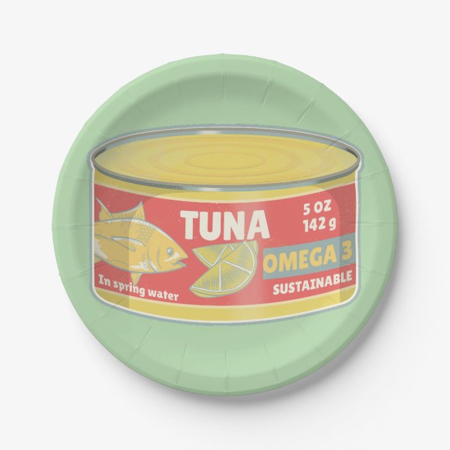 Tin of tuna canned fish retro paper plates (Front)