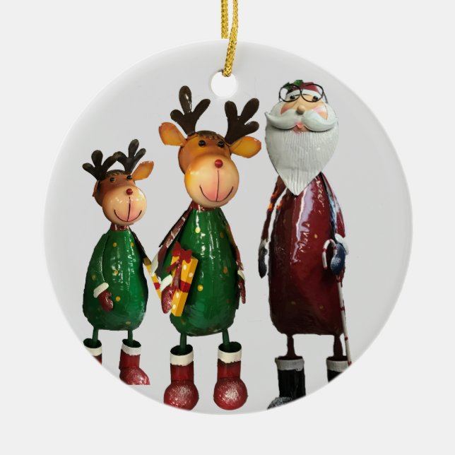 Tin Santa and Cute Tin Reindeers with Gifts Ceramic Ornament (Front)