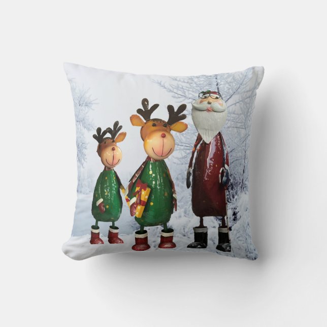 Tin Santa and Cute Tin Reindeers with Gifts Throw Pillow (Front)