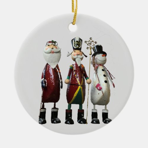 Tin Santa Soldier and Snowman Ceramic Ornament