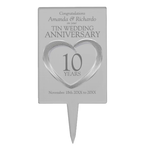 Tin wedding anniversary heart 10 years cake topper