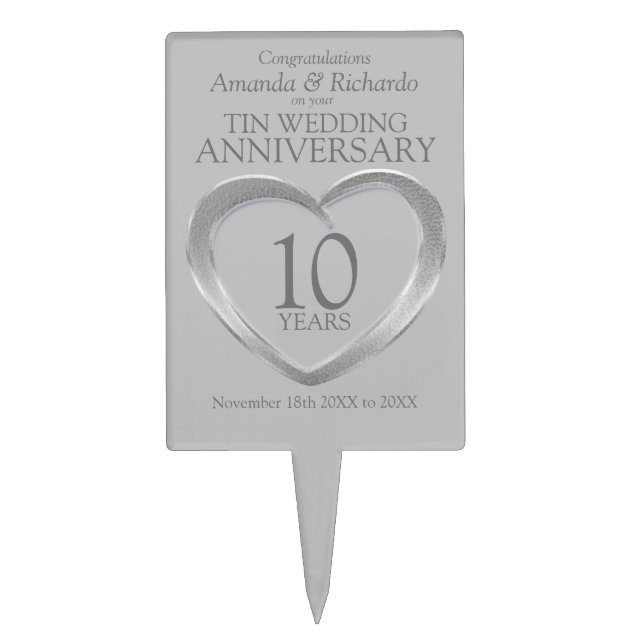 Tin wedding anniversary heart 10 years cake topper (Front)