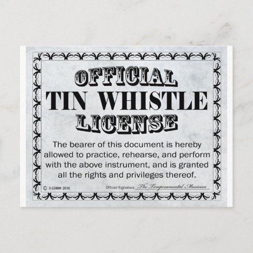 Tin Whistle License Postcard