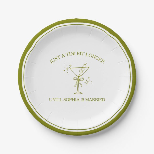 "Tini Bit Longer" Dirty Martini Olive Bachelorette Paper Plates (Front)