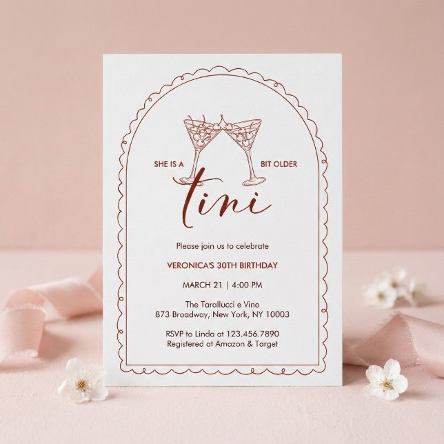 Tini Bit Older Cherry Martini Birthday Party Invitation (A Tini Bit Older Cherry Martini Arch • Terracotta Line Art birthday party)