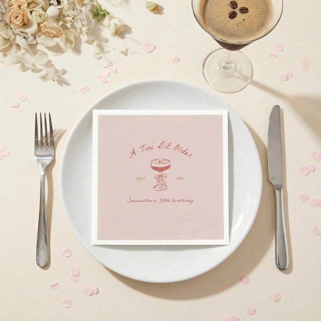 Tini Bit Older Espresso Martini Scribble Birthday Napkins (a tini bit older pink and red paper napkin with hand-drawn espresso martini)