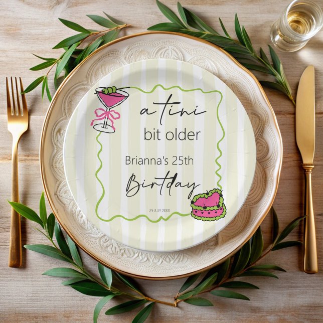Tini bit older handrawn retro birthday custom paper plates (Tini bit older handrawn retro birthday monogrammed paper plates personalized martini party decor)
