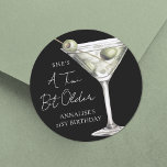 Tini Bit Older Martini Birthday Classic Round Sticker<br><div class="desc">A Tini Bit Older Birthday Round Sticker – Black Background Edition. This playful round sticker features a watercolor martini glass with olives on the right side, illustrated in muted tones for a subtle, stylish look. The phrase “A Tini Bit Older” stands out at the top in handwritten script, set in...</div>