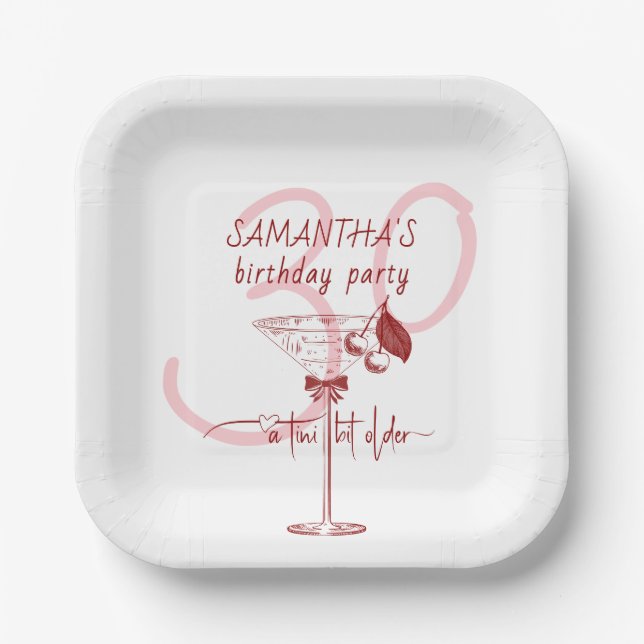 Tini Bit Older Modern Bow Cherry Martini Birthday Paper Plates (Front)