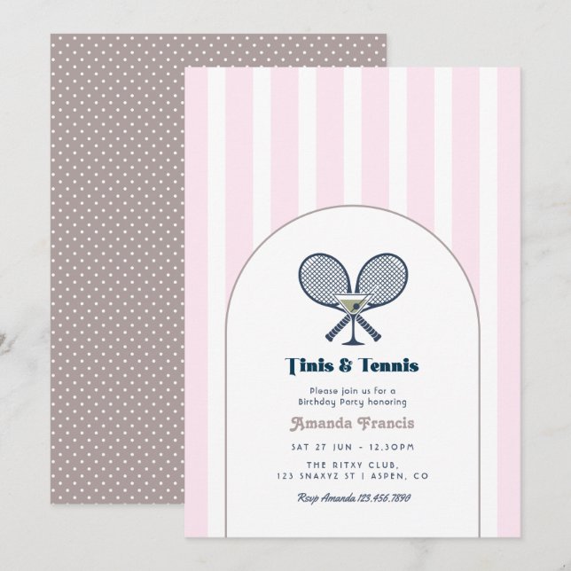 Tinis & Tennis Preppy Country Club Tennis Birthday Invitation (Front/Back)
