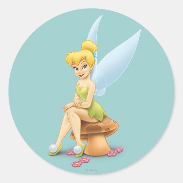 Tinker Bell Sitting on Mushroom Classic Round Sticker (Front)