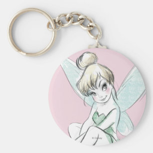 Pink Flower & Cute Pixie Face Tinkerbell Metal Keychain with Tink Script 