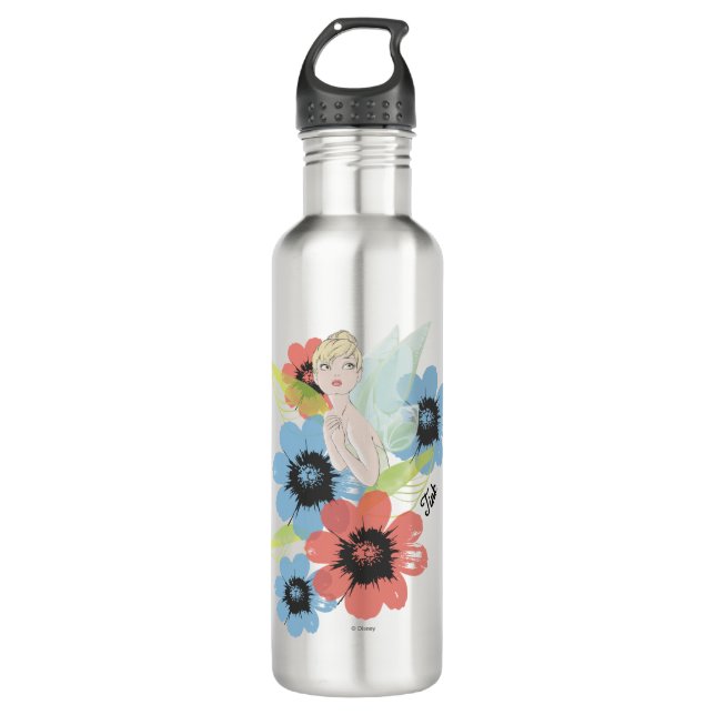 Tinker Bell Sketch With Cosmos Flowers Stainless Steel Water Bottle (Front)