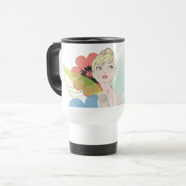 Tinker Bell Sketch With Cosmos Flowers Travel Mug (Front Left)