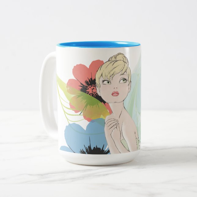 Tinker Bell Sketch With Cosmos Flowers Two-Tone Coffee Mug (Front Left)