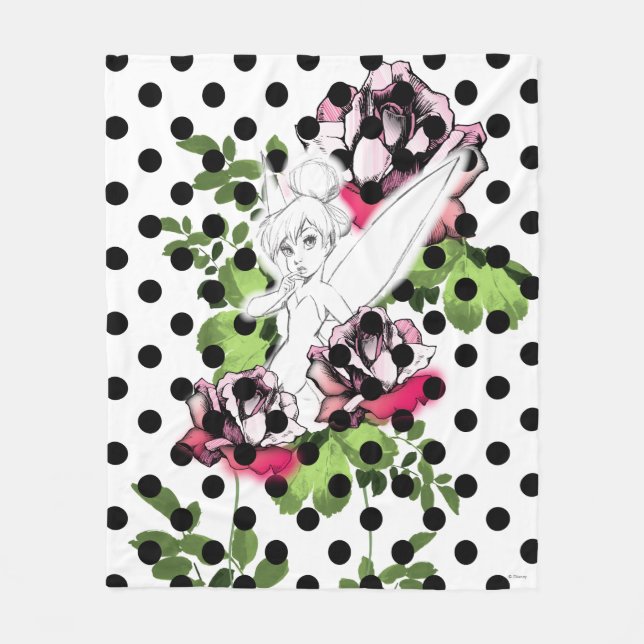 Tinker Bell Sketch With Roses and Polka Dots Fleece Blanket (Front)