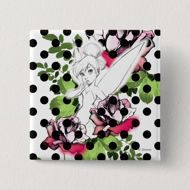 Tinker Bell Sketch With Roses and Polka Dots Pinback Button (Front)