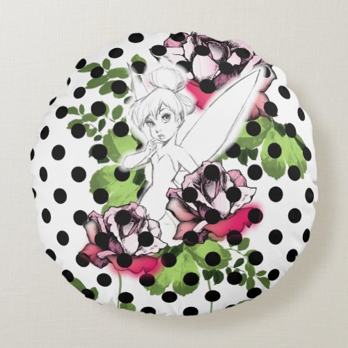 Tinker Bell Sketch With Roses and Polka Dots Round Pillow