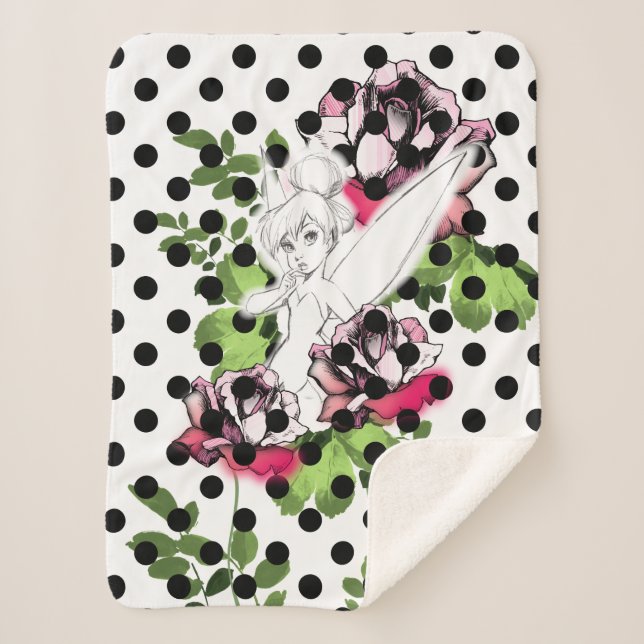 Tinker Bell Sketch With Roses and Polka Dots Sherpa Blanket (Front)