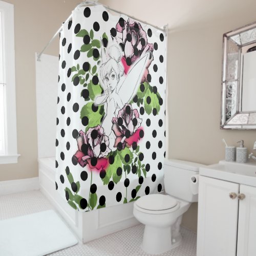 Tinker Bell Sketch With Roses and Polka Dots Shower Curtain